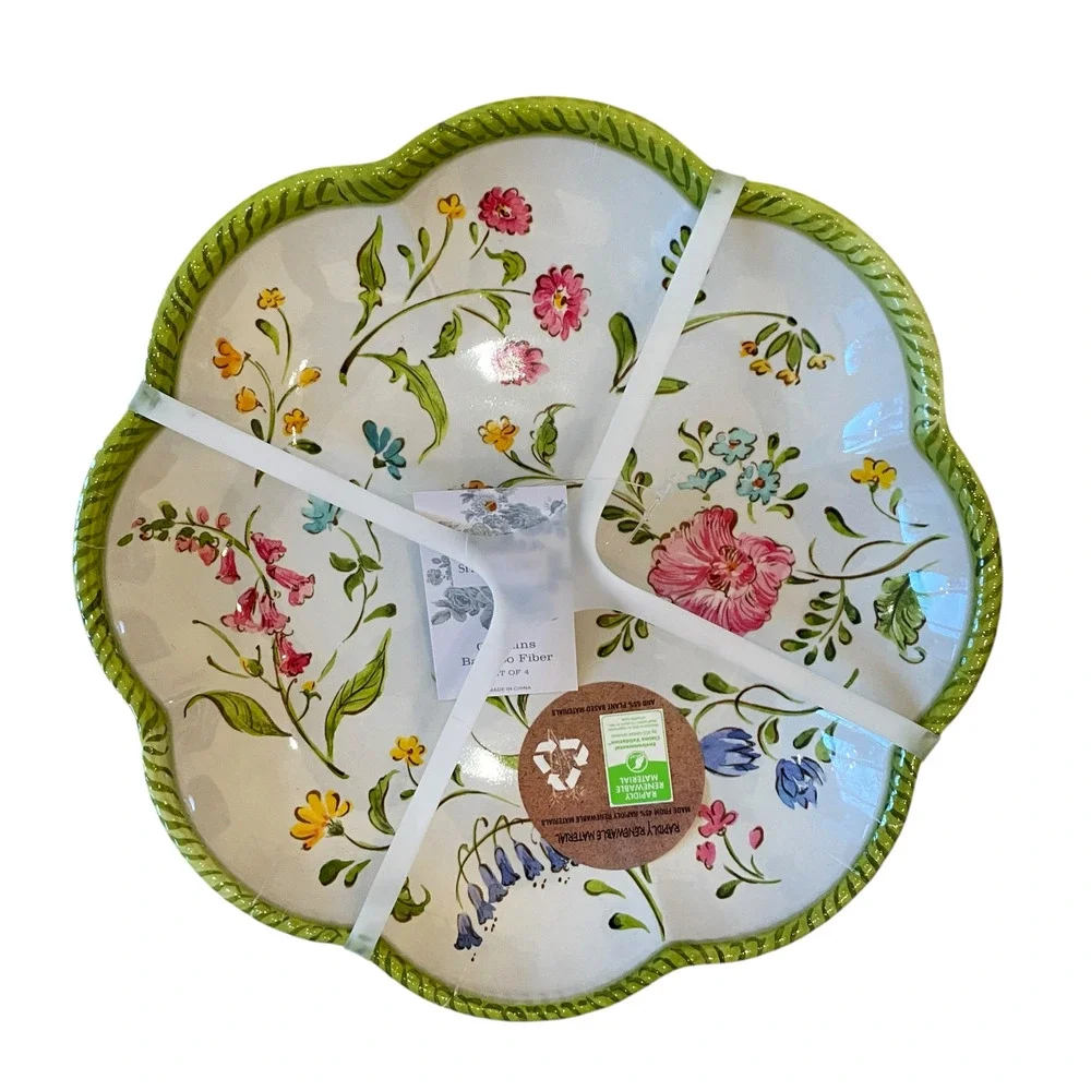 NEW Shabby Chic Floral Melamine Salad Plates 9in Set of 4 Scalloped Green Border